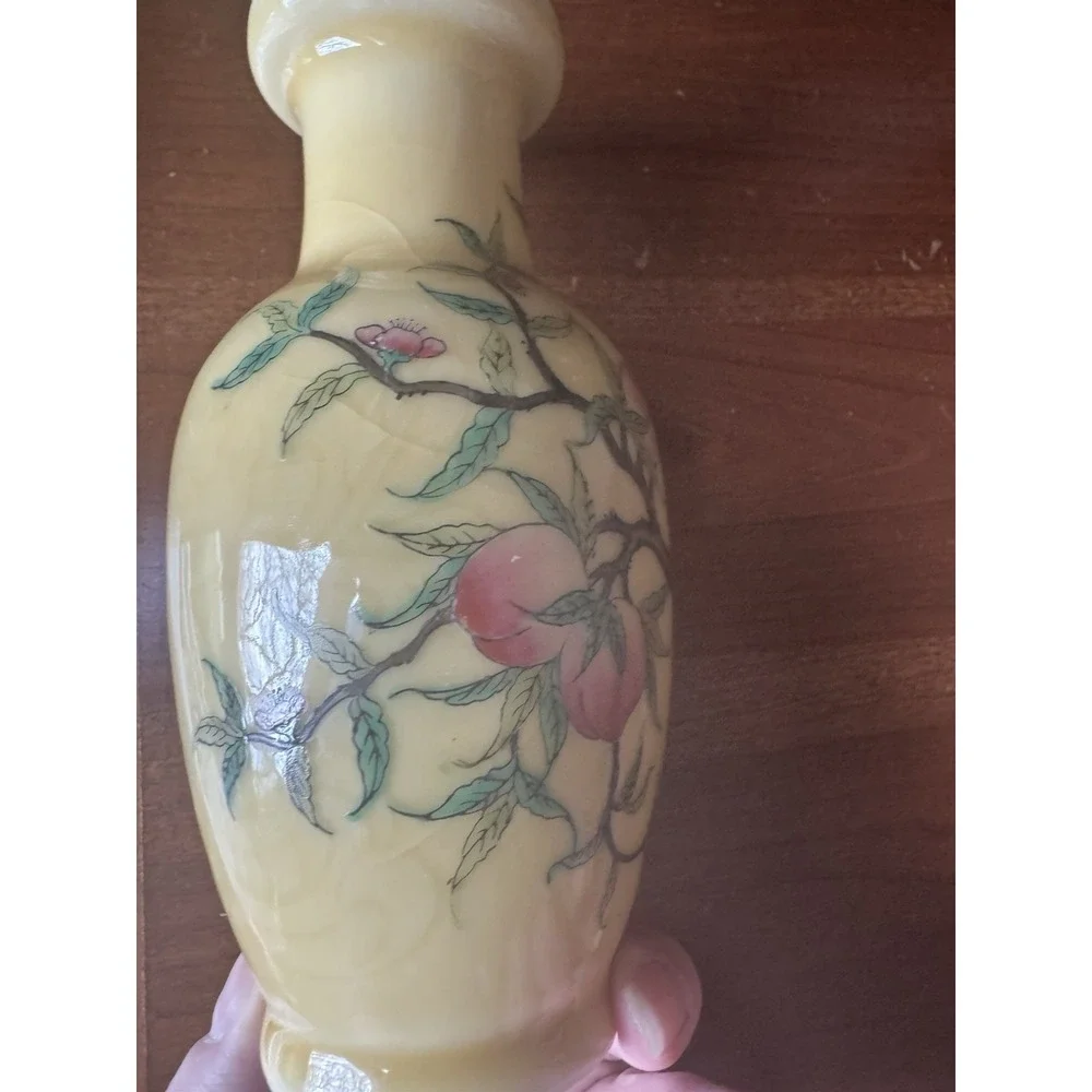 Vintage Chinese Peach Vase Hand Painted‎ Yellow Porcelain Decorated in Hong Kong